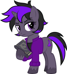 Size: 1860x2040 | Tagged: safe, artist:lightning stripe, derpibooru exclusive, oc, oc only, oc:spellbound, pony, unicorn, g4, black mane, book, clothes, commission, cutie mark, female, horn, jacket, mare, messy mane, purple eyes, show accurate, simple background, solo, spellbook, transparent background, two toned mane, two toned tail, unshorn fetlocks, vector