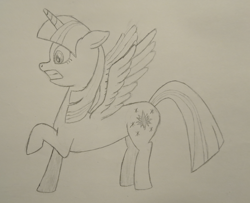 Size: 3412x2768 | Tagged: safe, artist:pianocube, twilight sparkle, alicorn, pony, g4, atg 2020, female, high res, mare, monochrome, newbie artist training grounds, pencil drawing, raised hoof, solo, traditional art, twilight sparkle (alicorn)