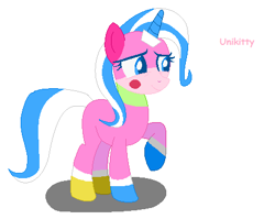 Size: 453x360 | Tagged: safe, anonymous artist, pony, unicorn, base used, female, horn, mare, ponified, raised hoof, recolor, smiling, solo, text, unikitty, unikitty!