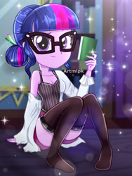 Size: 1800x2400 | Tagged: safe, artist:artmlpk, sci-twi, twilight sparkle, equestria girls, g4, adorable face, adorasexy, adorkable, alternate hairstyle, bare shoulders, beautiful, book, breasts, cleavage, clothes, coat, confused, cute, digital art, dork, female, glasses, hair bun, lab coat, looking at you, meganekko, nerd, sexy, shirt, shorts, sitting, smiling, smiling at you, socks, solo, studying, t-shirt, thigh highs, thighs, topless, watermark