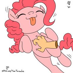 Size: 1000x1000 | Tagged: safe, artist:tomtornados, pinkie pie, earth pony, pony, g4, behaving like a dog, bellyrubs, cute, diapinkes, disembodied hand, eyes closed, female, hand, simple background, tickling, tongue out, white background