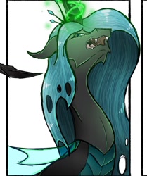 Size: 982x1173 | Tagged: safe, alternate version, artist:theheioslair, queen chrysalis, changeling, changeling queen, g4, bust, crown, female, glowing horn, horn, jewelry, open mouth, regalia, solo