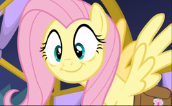 Size: 1519x940 | Tagged: safe, screencap, fluttershy, pegasus, pony, a health of information, g4, bag, bags under eyes, cropped, eager, female, looking at someone, mare, saddle bag, smiling, solo, spread wings