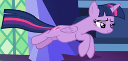 Size: 1232x590 | Tagged: safe, screencap, twilight sparkle, alicorn, pony, a health of information, g4, cropped, female, leaping, legs together, lidded eyes, midair, smiling, solo, twilight sparkle (alicorn)