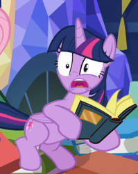 Size: 516x648 | Tagged: safe, screencap, twilight sparkle, alicorn, pony, a health of information, g4, book, cropped, female, mare, mawshot, open mouth, solo, startled, twilight sparkle (alicorn), uvula