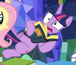 Size: 641x552 | Tagged: safe, screencap, fluttershy, twilight sparkle, alicorn, pony, a health of information, g4, book, cropped, female, shrunken pupils, solo focus, startled, twilight sparkle (alicorn)