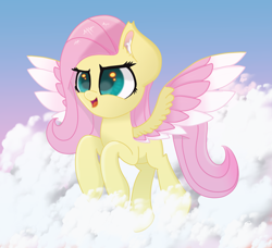 Size: 4729x4309 | Tagged: safe, artist:windykirin, fluttershy, pegasus, pony, g4, absurd resolution, cloud, colored wings, determined, female, flying, mare, multicolored wings, solo, sunset, wings