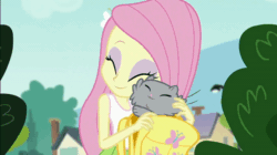 Size: 600x337 | Tagged: safe, screencap, fluttershy, cat, equestria girls, g4, my little pony equestria girls: friendship games, animated, cute, eyes closed, eyeshadow, female, kitten, makeup, nuzzling, shyabetes