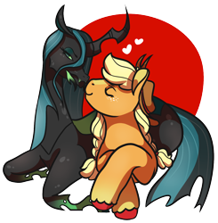 Size: 1176x1198 | Tagged: safe, artist:eonionic, applejack, queen chrysalis, changeling, pony, g4, chrysajack, crack shipping, female, lesbian, prone, shipping