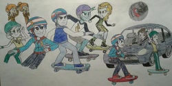 Size: 900x454 | Tagged: safe, artist:jebens1, lightning dust, sky stinger, sophisticata, vapor trail, equestria girls, g4, barely eqg related, car, cheering, clothes, equestria girls-ified, helmet, pedal, pedal pump, pedaling, race, shirt, shorts, skateboard, skateboarding, song in the description, song reference, thomas and friends, thomas the tank engine, wall of deleted comments