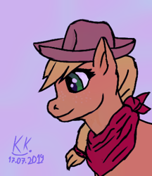 Size: 320x370 | Tagged: safe, artist:tuc-kaan, derpibooru exclusive, applejack, earth pony, pony, g4, 2019, clothes, cowboy hat, female, green eyes, hat, scarf, solo