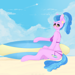 Size: 3840x3840 | Tagged: safe, artist:rise_of_evil_69, surf, earth pony, anthro, g4, bikini, blue mane, breasts, clothes, cloud, cloudy, ear piercing, earring, female, glasses, high res, jewelry, piercing, pink body, plane, purple swimsuit, sand, sky, solo, surfboard, surfing, swimsuit