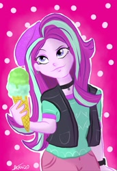 Size: 1403x2048 | Tagged: safe, artist:alecsartist, starlight glimmer, equestria girls, g4, bad anatomy, beanie, choker, clothes, ear piercing, earring, female, food, hat, ice cream, jewelry, piercing, solo