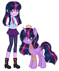 Size: 1280x1551 | Tagged: safe, artist:fantarianna, twilight sparkle, alicorn, human, pony, equestria girls, g4, boots, clothes, crown, hands behind back, high heel boots, high heels, human and pony, human ponidox, jewelry, looking at you, necklace, necktie, regalia, self ponidox, shoes, simple background, transparent background, twilight sparkle (alicorn), twolight