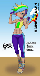 Size: 984x1860 | Tagged: safe, alternate version, artist:oldskullkid, part of a set, rainbow dash, human, g4, abs, alternate hairstyle, breasts, dark skin, delicious flat chest, ear piercing, hair over one eye, humanized, lip piercing, piercing, solo