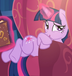 Size: 526x551 | Tagged: safe, screencap, twilight sparkle, alicorn, pony, g4, triple threat, book, chair, cropped, cute, female, glowing horn, horn, levitation, magic, solo, telekinesis, twiabetes, twilight sparkle (alicorn)
