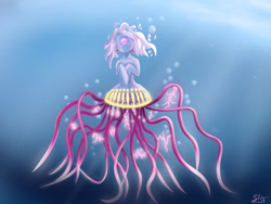 Size: 3850x2890 | Tagged: safe, artist:singovih, oc, oc only, jellyfish, monster pony, pony, bubble, crepuscular rays, electricity, flowing mane, high res, looking at you, ocean, signature, solo, sunlight, underwater, water