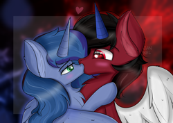Size: 5787x4092 | Tagged: safe, artist:janelearts, oc, oc only, alicorn, pony, absurd resolution, female, kissing, male, mare, stallion