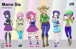 Size: 3496x2272 | Tagged: safe, alternate version, artist:oldskullkid, part of a set, applejack, fluttershy, pinkie pie, rainbow dash, rarity, twilight sparkle, human, g4, abs, alternate hairstyle, applejack's hat, belt, boob freckles, boots, bracelet, breasts, busty applejack, busty fluttershy, busty pinkie pie, busty rarity, busty twilight sparkle, chest freckles, cleavage, clothes, converse, cowboy boots, cowboy hat, cute, dark skin, delicious flat chest, diapinkes, dress, ear piercing, female, freckles, glasses, hair over one eye, hat, high res, humane five, humane six, humanized, i can't believe it's not sci-twi, jewelry, kneesocks, light skin, line-up, lip piercing, looking at you, midriff, nail polish, piercing, rainbow flat, shoes, skirt, smiling, socks, striped socks, sweater, sweatershy, thigh highs, twilight sparkle (alicorn), twilight's professional glasses, zettai ryouiki