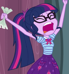 Size: 665x718 | Tagged: safe, screencap, sci-twi, twilight sparkle, equestria girls, g4, my little pony equestria girls: better together, stressed in show, armpits, arms in the air, bowtie, clothes, cropped, crumbled paper, cutie mark on clothes, eyes closed, female, geode of telekinesis, glasses, hands in the air, jewelry, magical geodes, open mouth, panicking, pendant, polo shirt, ponytail, screaming, script, skirt, solo, volumetric mouth