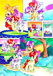 Size: 2290x3258 | Tagged: safe, artist:liaaqila, apple bloom, scootaloo, sweetie belle, earth pony, pegasus, pony, unicorn, comic:fly high scoots, g4, apple bloom's bow, bow, cute, cutealoo, cutie mark crusaders, dialogue, diving, hair bow, high res, scootaloo can fly, scootalove, slime, speech bubble, splashing, swimming pool, traditional art, tree, trio