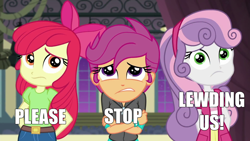 Size: 1280x720 | Tagged: safe, edit, edited screencap, screencap, apple bloom, scootaloo, sweetie belle, equestria girls, g4, happily ever after party, happily ever after party: rainbow dash, my little pony equestria girls: better together, caption, comments locked down, cutie mark crusaders, image macro, implied lolicon, lewd, mouthpiece, op is trying too hard, please stop, text, trio