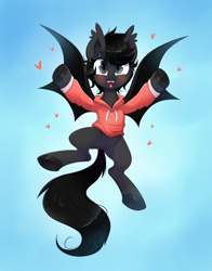 Size: 1464x1864 | Tagged: safe, artist:confetticakez, oc, oc only, oc:tar puddle, bat pony, pony, abstract background, clothes, cute, cute little fangs, fangs, female, flying, hoodie, mare, ocbetes, solo
