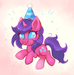 Size: 1139x1148 | Tagged: safe, artist:confetticakez, oc, oc only, oc:fizzy pop, pony, unicorn, :p, abstract background, birthday, chibi, cute, female, hat, mare, ocbetes, party hat, solo, tongue out