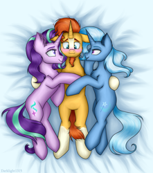 Size: 3100x3500 | Tagged: safe, artist:darklight1315, starlight glimmer, sunburst, trixie, pony, unicorn, g4, bedsheets, bisexual, blushing, cute, female, harem, high res, lesbian, lucky bastard, male, mare, missing accessory, ot3, polyamory, ship:starburst, ship:startrix, ship:startrixburst, ship:trixburst, shipping, stallion, straight, sunburst gets all the mares, trio, we don't normally wear clothes