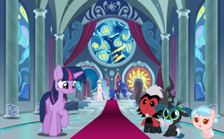 Size: 1234x766 | Tagged: safe, artist:php11, artist:swiftgaiathebrony, cozy glow, lord tirek, princess celestia, princess luna, queen chrysalis, twilight sparkle, centaur, changeling, changeling queen, nymph, pegasus, pony, taur, g4, a better ending for chrysalis, a better ending for cozy, a better ending for tirek, age regression, baby, baby chrysalis, baby pony, baby tirek, castle, cozybetes, cute, cutealis, diaper, female, filly, foal, pacifier, pigtails, tirebetes