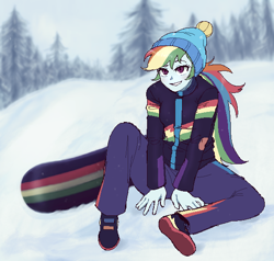 Size: 572x544 | Tagged: safe, artist:nairdags, rainbow dash, equestria girls, alternate hairstyle, clothes, female, hat, jacket, pixelated, ponytail, raised eyebrow, snow, snowboard, solo, winter outfit