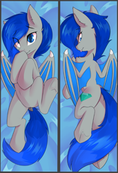Size: 619x907 | Tagged: safe, artist:beardie, oc, oc only, oc:aquamarine midnights, bat pony, pony, blue background, body pillow, body pillow design, butt, dock, female, gradient mane, looking at you, looking back, looking back at you, mare, plot, simple background, solo, tail