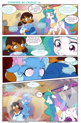 Size: 5143x7841 | Tagged: safe, artist:jeremy3, princess celestia, trixie, oc, oc:miss becky, alicorn, earth pony, pony, unicorn, comic:everfree, comic:everfree my friend, g4, cast, comic, female, filly, filly trixie, glowing eyes, glowing horn, horn, ribbon, younger