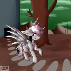 Size: 1600x1600 | Tagged: safe, artist:diantrex, oc, oc only, oc:ashes, pegasus, pony, fallout equestria, amputee, apocalypse, artificial wings, augmented, male, prosthetic limb, prosthetic wing, prosthetics, solo, wings