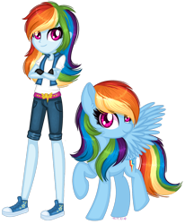 Size: 1280x1551 | Tagged: safe, artist:fantarianna, rainbow dash, human, pegasus, pony, equestria girls, g4, belt, clothes, converse, crossed arms, female, fingerless gloves, gloves, human and pony, human ponidox, looking at you, mare, pants, self ponidox, shoes, simple background, sneakers, transparent background