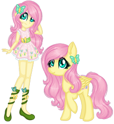 Size: 1280x1400 | Tagged: safe, artist:fantarianna, fluttershy, human, pegasus, pony, equestria girls, g4, clothes, dress, green shoes, hairpin, hand on head, human and pony, human ponidox, looking at you, self ponidox, shoes, simple background, transparent background