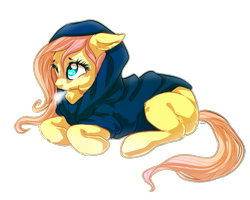 Size: 1039x831 | Tagged: safe, artist:xilacs, fluttershy, pegasus, pony, g4, breath, clothes, cold, cute, female, hoodie, mare, one eye closed, ponyloaf, prone, shyabetes, simple background, solo, transparent background