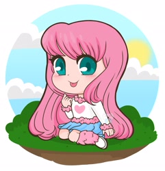 Size: 1975x2048 | Tagged: safe, artist:kittyrosie, oc, oc only, oc:fluffle puff, human, equestria girls, g4, :p, blushing, colored pupils, cute, equestria girls-ified, female, flufflebetes, humanized oc, looking at you, ocbetes, sitting, solo, tongue out