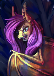 Size: 2560x3625 | Tagged: safe, artist:terrafomer, part of a set, fluttershy, bat pony, pony, g4, bat ponified, bat wings, bust, fangs, female, flutterbat, high res, hissing, looking at you, mare, open mouth, race swap, red eyes, solo, spread wings, wings