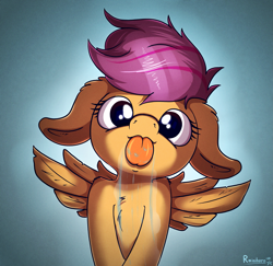 Size: 2549x2480 | Tagged: safe, artist:rainihorn, scootaloo, pony, g4, cute, cutealoo, drool, female, floppy ears, high res, licking, licking the fourth wall, looking at you, solo, spread wings, tongue out, wings