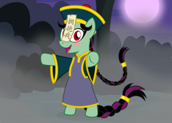 Size: 2635x1893 | Tagged: safe, artist:badumsquish, derpibooru exclusive, oc, oc only, jiangshi, pony, undead, adventure in the comments, bipedal, blush sticker, blushing, braided ponytail, braided tail, chinese, clothes, eyeshadow, female, fog, forest, full moon, hanfu, hat, high res, looking at you, magua, makeup, moon, night, open mouth, open smile, outstretched arms, ponytail, red eyes, robe, show accurate, smiling, smiling at you, solo, talisman