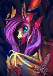 Size: 2560x3625 | Tagged: safe, alternate version, artist:terrafomer, part of a set, fluttershy, bat pony, pegasus, pony, g4, bat ponified, bat wings, bust, duality, fangs, female, flutterbat, high res, hissing, looking at you, mare, open mouth, race swap, red eyes, shards, smiling, solo, spread wings, wings