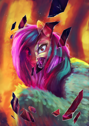 Size: 2560x3625 | Tagged: safe, alternate version, artist:terrafomer, part of a set, fluttershy, bat pony, pegasus, pony, g4, bat ponified, bust, duality, fangs, female, flutterbat, high res, hissing, looking at you, mare, open mouth, race swap, red eyes, shards, smiling, solo, spread wings, wings