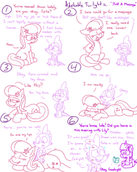 Size: 4779x6013 | Tagged: safe, artist:adorkabletwilightandfriends, lily, lily valley, spike, twilight sparkle, alicorn, dragon, earth pony, pony, comic:adorkable twilight and friends, g4, adorkable, adorkable twilight, arched back, ass up, book, butt, butt massage, butt touch, comic, cute, date, dimples, dimples of venus, dork, female, frazzled spikes, glowing, glowing horn, grab, hand, hand on butt, happy, horn, humor, kiss mark, kissing, levitation, lipstick, love, lying down, magic, magic aura, male, mare, massage, nostrils, plot, romance, sad, ship:lilyspike, shipping, sitting, soft, squish, squishy butt, straight, stretching, sweat, sweatdrop, telekinesis, twilight sparkle (alicorn)
