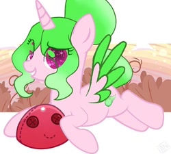 Size: 728x654 | Tagged: dead source, safe, artist:lacey.wonder, oc, oc only, alicorn, pony, alicorn oc, eye clipping through hair, horn, plushie, smiling, solo, two toned wings, wings