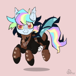 Size: 1024x1024 | Tagged: safe, artist:notmywing, oc, oc only, oc:pidge, bat pony, pony, animated, armor, blinking, floating, looking at you, multicolored hair, no sound, solo, tail wrap, webm, wings