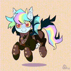 Size: 390x390 | Tagged: safe, artist:notmywing, oc, oc only, oc:pidge, bat pony, pony, animated, armor, blinking, floating, gif, looking at you, multicolored hair, solo, tail wrap, wings