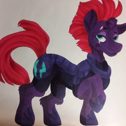 Size: 1080x1080 | Tagged: safe, artist:c_owokie, tempest shadow, pony, unicorn, g4, armor, broken horn, eye scar, female, hoof shoes, horn, mare, raised hoof, scar, smiling, solo, traditional art