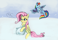 Size: 1024x700 | Tagged: safe, artist:twilightwolf91, fluttershy, rainbow dash, pegasus, pony, g4, clothes, duo, female, mare, scarf, signature, smiling, smirk, sneaking, snow, snowball, speech bubble, winter