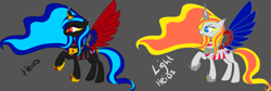 Size: 4040x1353 | Tagged: safe, artist:theheioslair, oc, oc only, alicorn, pony, alicorn oc, duo, gray background, hoof shoes, horn, raised hoof, reference sheet, simple background, wings